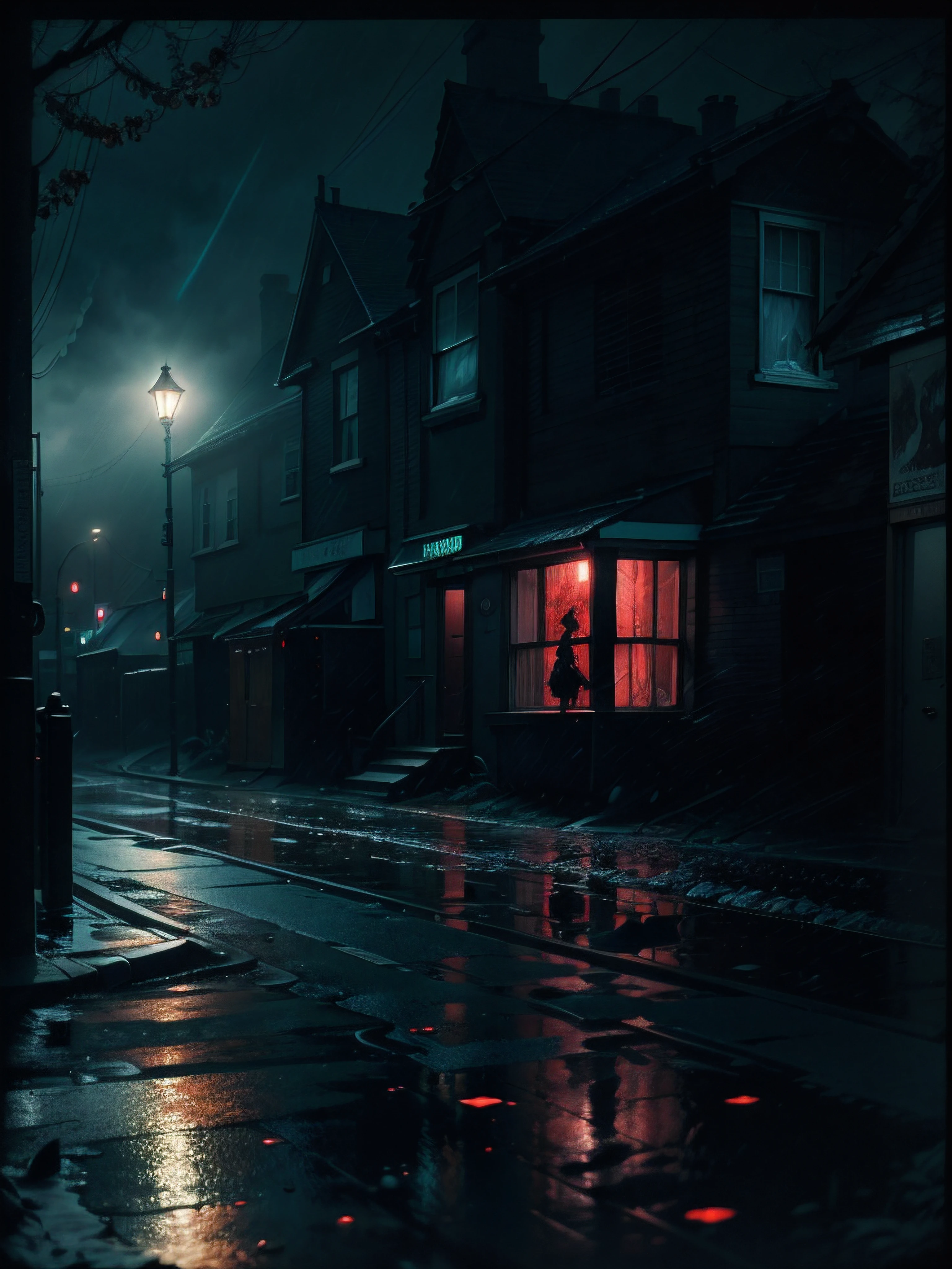 enfield poltergeist from afar, back turned, blood dripping. It is located in the middle of an enfield street at night. Dark shadows, low visibility. Heavy storm and rainfall. photo taken with provia, b-movie aesthetics, b-horror movie aesthetic.