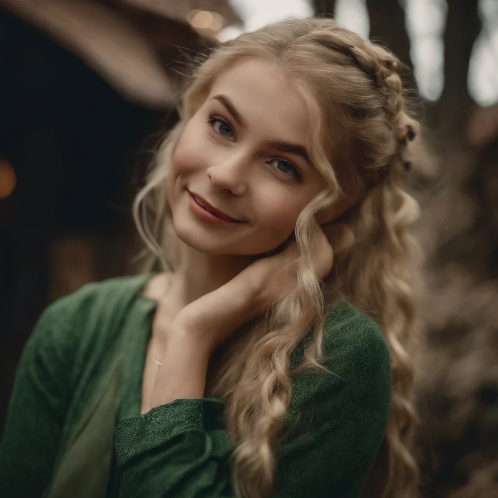 top-quality, masterpiece, ultra-detailliert, Girl Like an Elf, 独奏, cute little, A smile, Wearing hair ornaments, blonde hair, Green clothing, Being in a European village