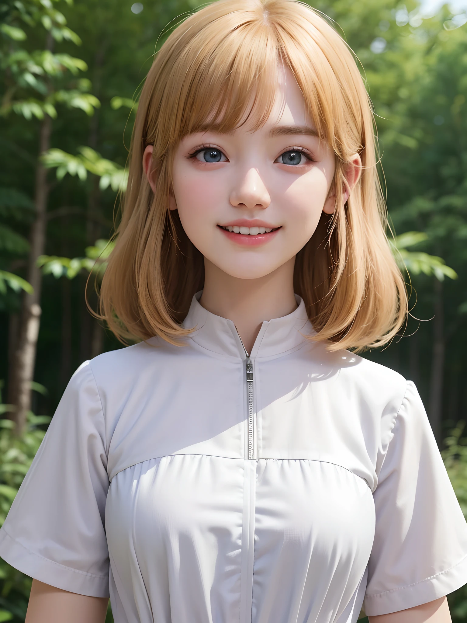 (masuter piece、Best Quality、masutepiece、Cute symmetrical face、Norse man、1 girl、Very young pretty girl、Very short pretty girl、Deities々Shii Girl)、Beautiful shiny beautiful blonde hair with bangs、Intense crystal light blue eyes、no earrings、Beautiful white skin、5ars old、Very young pretty girl:1.5、Deities々Little pretty girl、Cute white outfit、Very pretty girl、happily laughing、Smile happily、The best smile、Beautiful teeth、Beautiful teeth alignment、Beautiful skins、Staring into the distance on the left、Forest with light on beautiful nature background、Deities々Deep forest background、cowboy shot