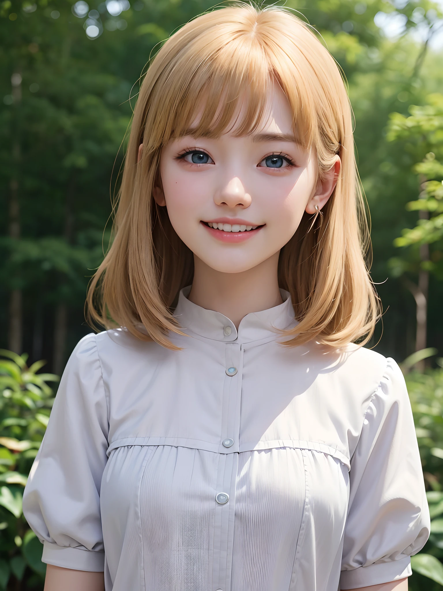 (masuter piece、Best Quality、masutepiece、Cute symmetrical face、Norse man、1 girl、Very young pretty girl、Very short pretty girl、Deities々Shii Girl)、Beautiful shiny beautiful blonde hair with bangs、Intense crystal light blue eyes、no earrings、Beautiful white skin、5ars old、Very young pretty girl:1.5、Deities々Little pretty girl、Cute white outfit、Very pretty girl、happily laughing、Smile happily、The best smile、Beautiful teeth、Beautiful teeth alignment、Beautiful skins、Staring into the distance on the left、Forest with light on beautiful nature background、Deities々Deep forest background、cowboy  shot