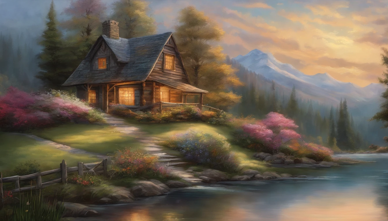 painting of a cabin by a river with a mountain in the background, a boat in the water, (((children playing in front of the cabin))), ((flowers aside of fence, ducklings are in the water,)), peaceful scene, peaceful landscape, in a serene landscape, scenery artwork, highly detailed oil-painting, beautiful oil matte painting, tranquil scene, style of Thomas Kinkade, breathtaking masterpiece of art, dream scenery art, thomas kinkade style painting, 8k high Res, hyper detailed, impasto.