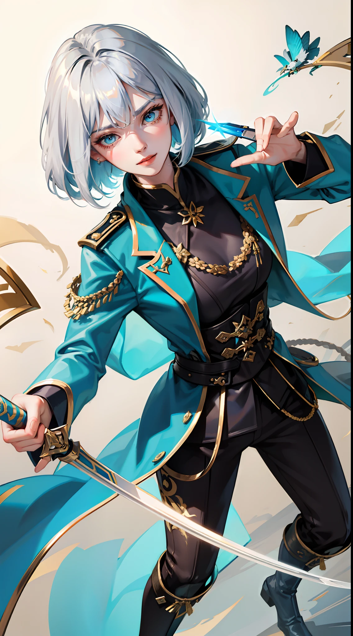 Tall guy, Silver hair in a bob, Cyan eyes, smirk, grace, Beautiful blue Chinese combat jacket, Gold Elements, black tight pants, Chinese Sword, Blue finch, Ling(Mobile Legends), hiquality, 4k, HD, Good detail