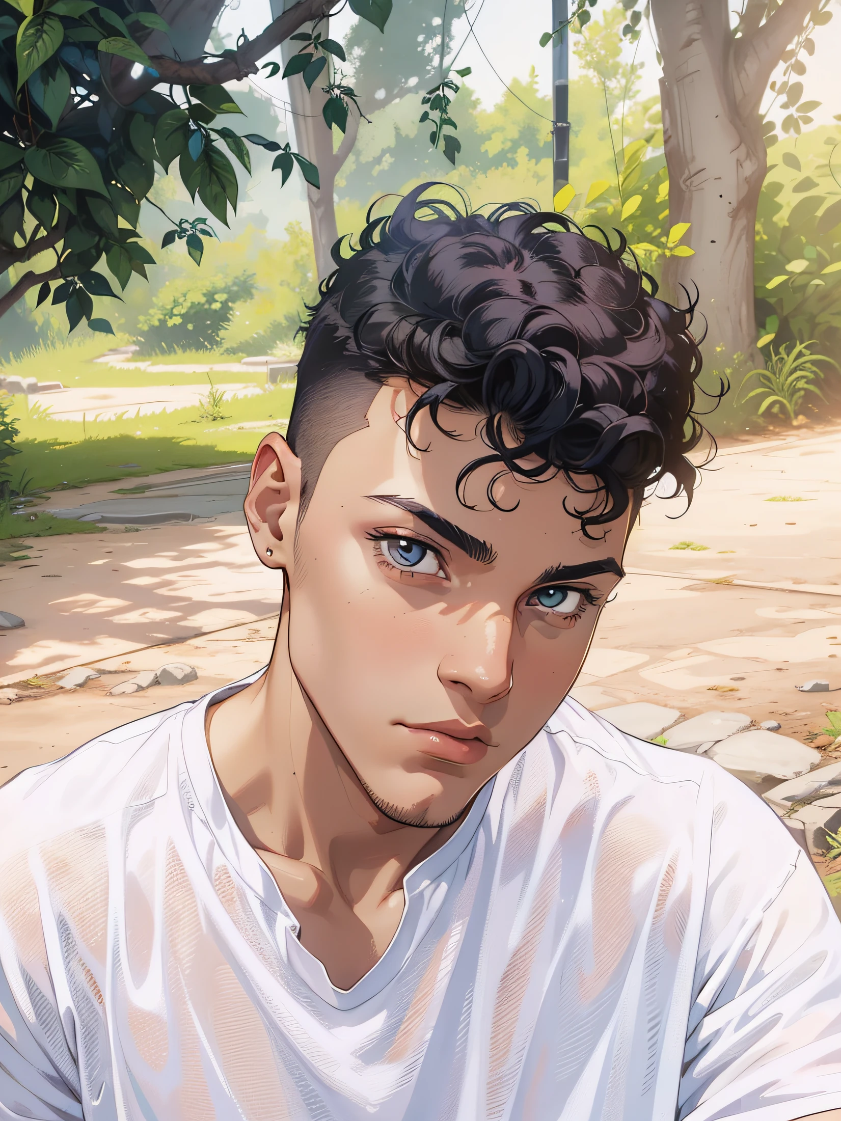 Comic style, inked, lineart style, There is a young man with curly hair and wearing a white T shirt with flying little bats in it, influencia de DeviantArt, dynamic lighting, cinematic shadows, flat art, uhd