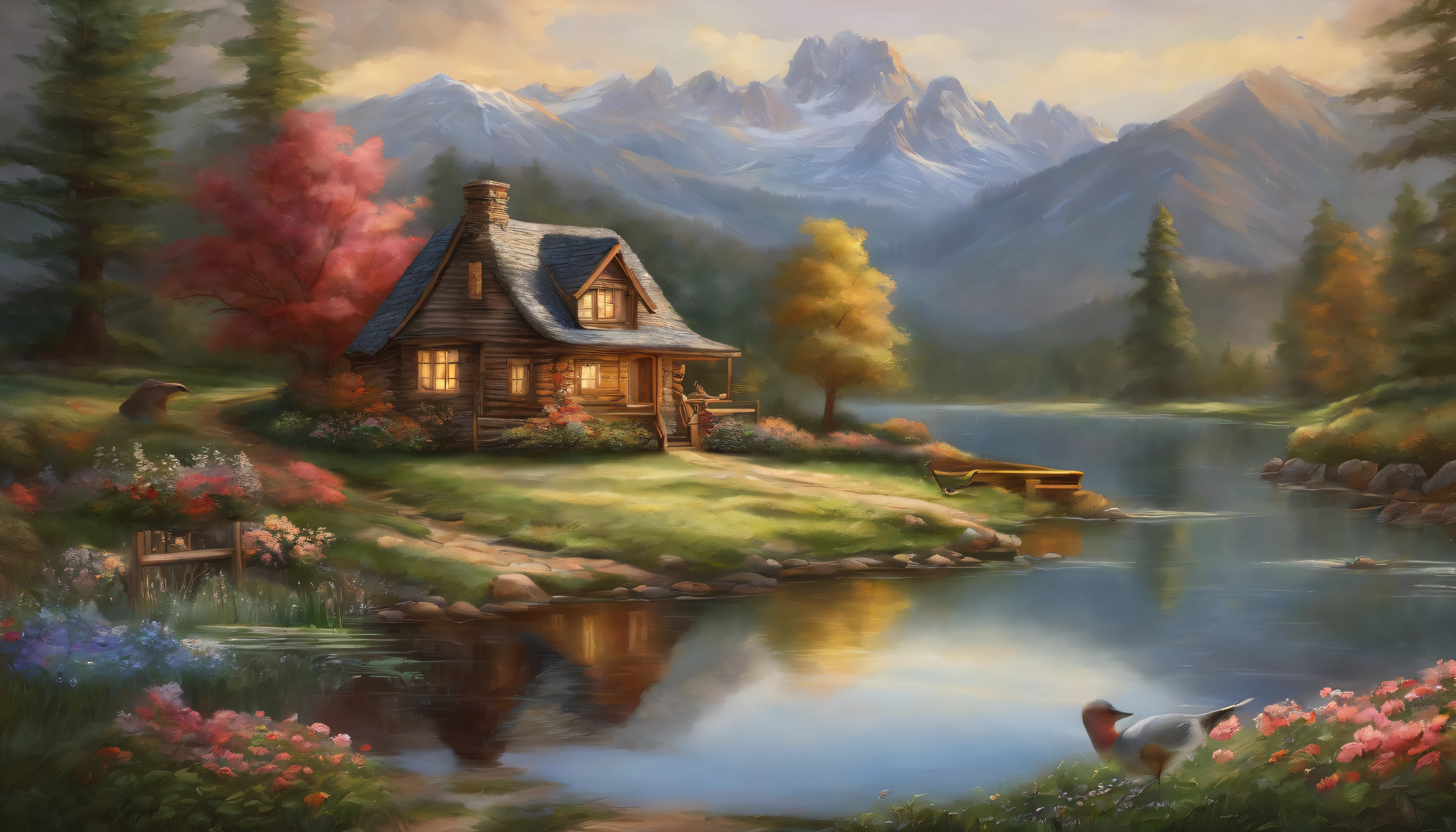 painting of a cabin by a river with a mountain in the background, a boat in the water, (((children playing in front of the cabin))), ((flowers aside of fence, ducklings are in the water,)), peaceful scene, peaceful landscape, in a serene landscape, scenery artwork, highly detailed oil-painting, beautiful oil matte painting, tranquil scene, style of Thomas Kinkade, breathtaking masterpiece of art, dream scenery art, thomas kinkade style painting, 8k high Res, hyper detailed, impasto.