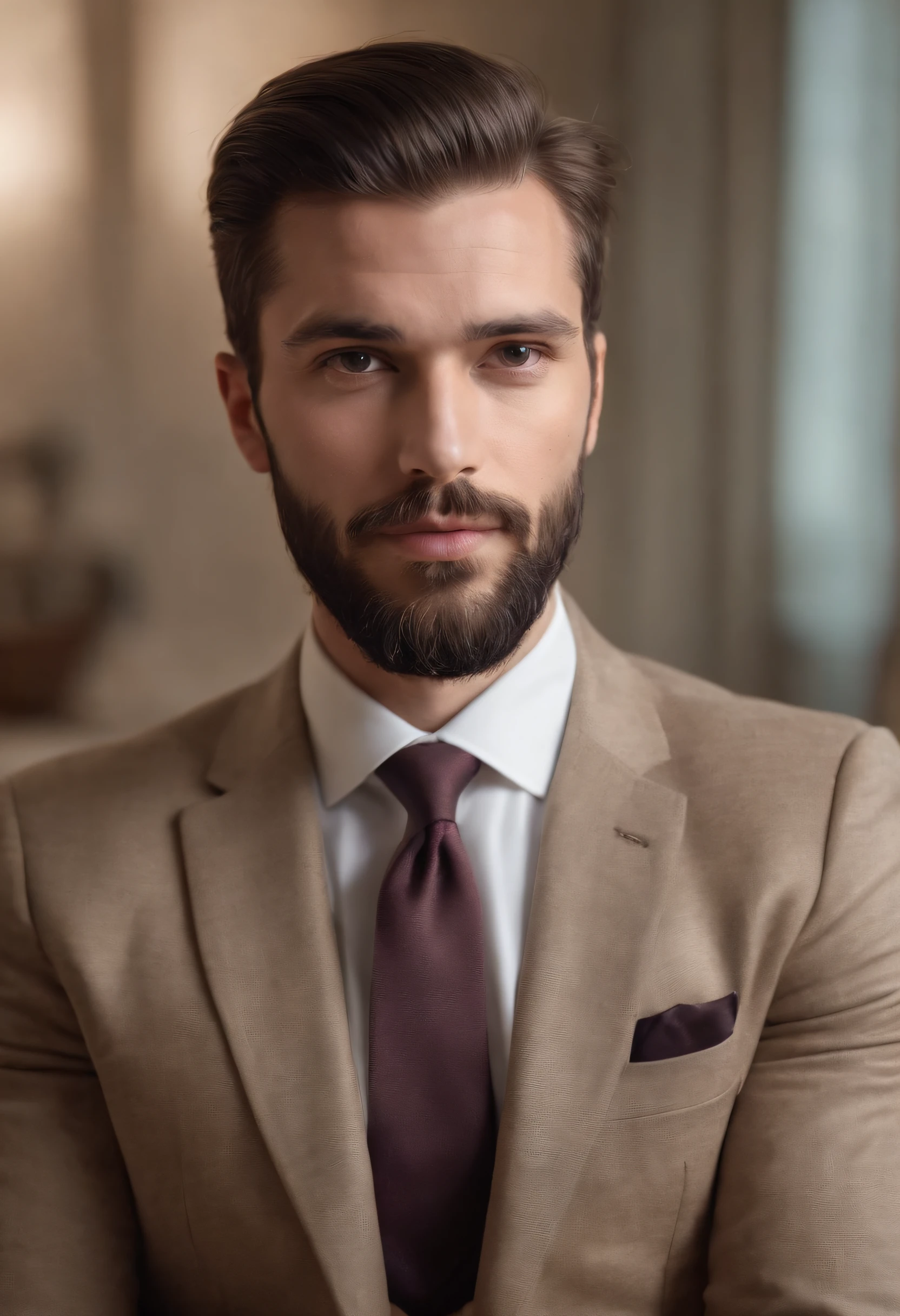 Magnifique homme en costume , Belle barbe , Executive Sexy Man, Terno donc, Front camera focus, mode portrait, perfectly straight in front of the camera