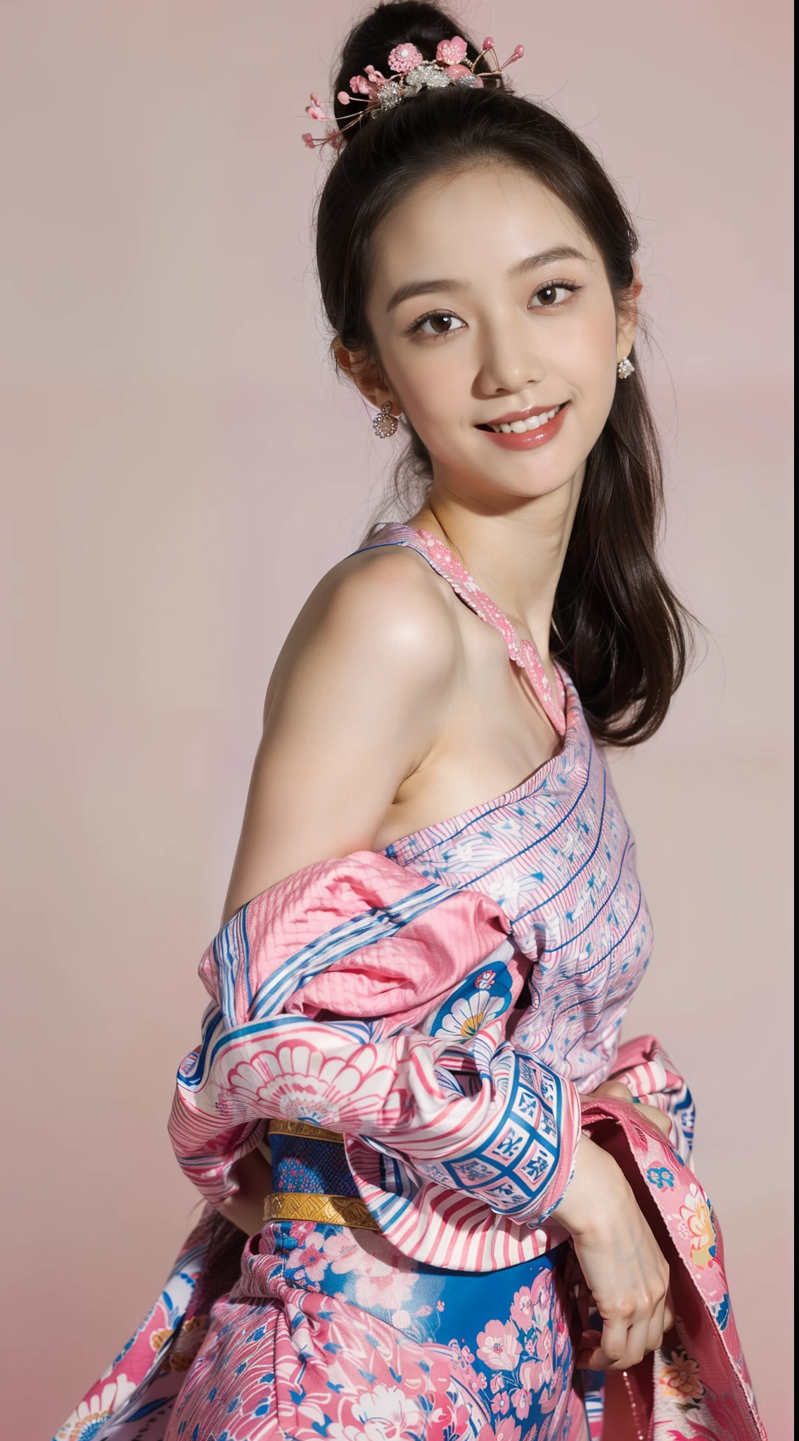 (masterpiece, top quality, best quality, ((standing in centre)), face front:1 (1girl, in the style of japan geisha portraiture, miss aniela, mixed patterns, ((close up:1, smile,)), pink background