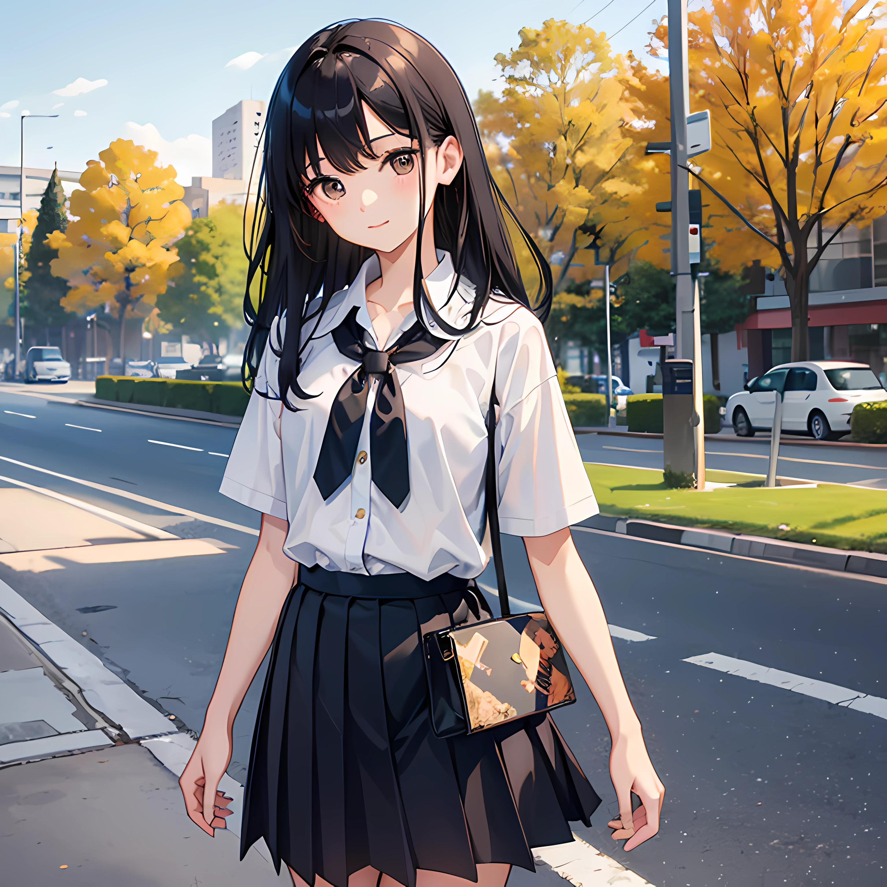 Super delicate and cute girl with black hair、a 、14years、8K Ultra High Defition, Delicate texture, A slight smil、Medium Hair、The shirt、skirt by the、Short sleeve uniform with yellow tie、Walking down the road、
