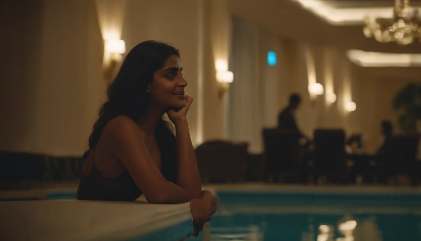 Poor Indian enjoying savagely in five star hotel, hotel staff confused, poor Indians are happy. In European hotel, swimming pool. Detail 4K