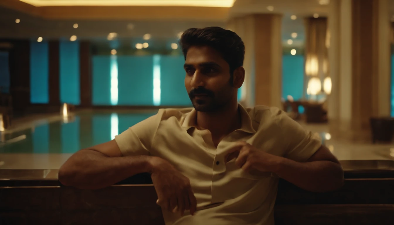 Poor Indian enjoying savagely in five star hotel, hotel staff confused, poor Indians are happy. In European hotel, swimming pool. Detail 4K