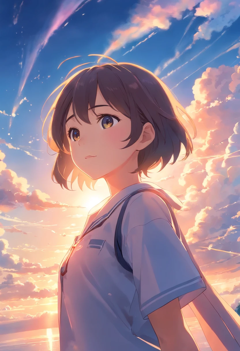 masterpiece, best quality, movie still, 1girl, cloud girl, floating in the sky, close-up, bright, happy, warm soft lighting, sunset, (sparks:0.7), school uniform, strong wind