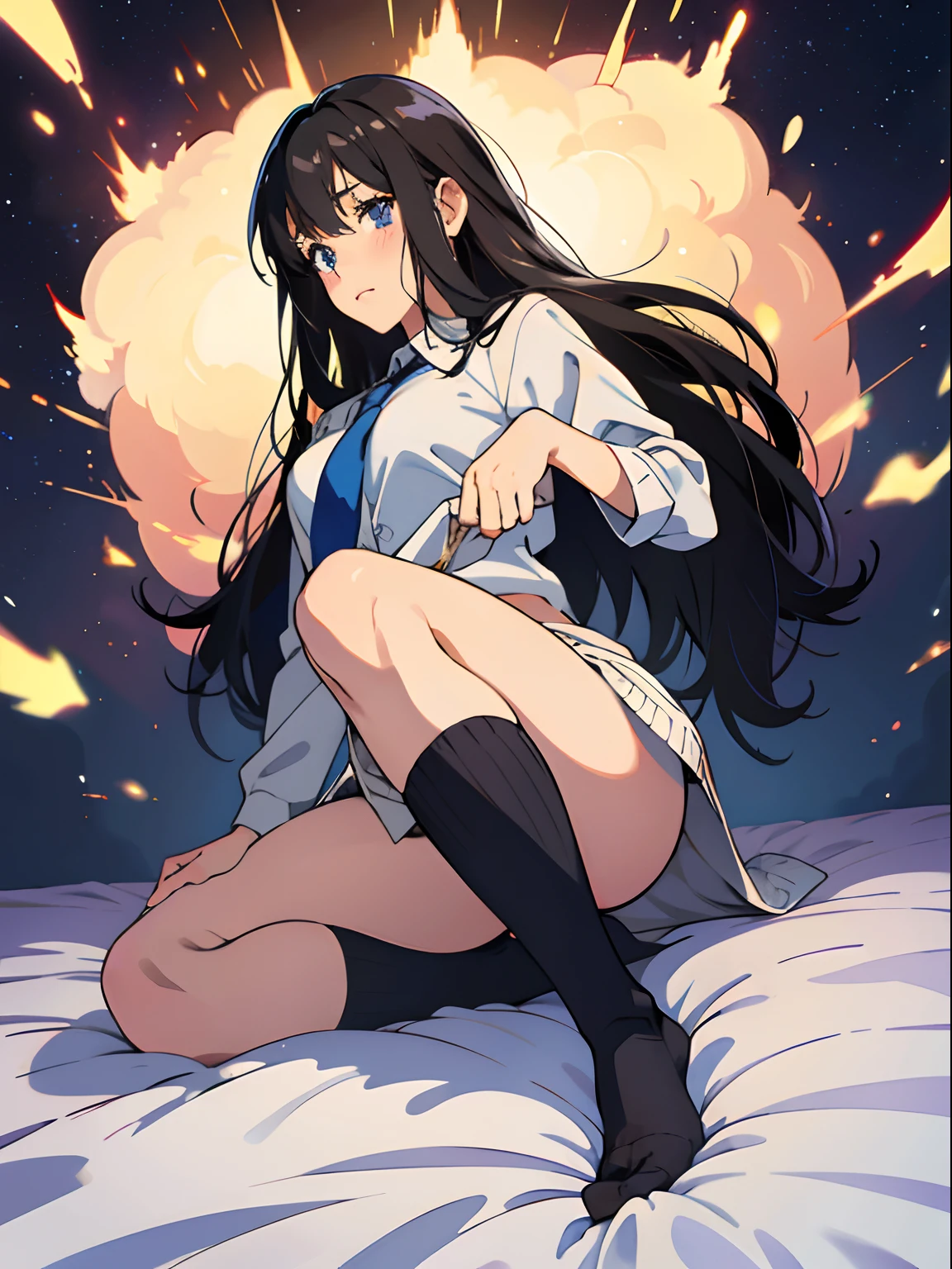 cute little、Amazing beautiful girl,female high-school student、 Anime style, 、17 age、on the bed、A dark-haired、Glamour、Colossal tits、de pele branca、wide-open legs、Very embarrassing、red blush。 Best Quality , Textured skin、 high details, High quality,Semi-long hair、No shoes,I can see the belly button、nudde,pubick hair、Black short socks、Pubic area、 hair、Open the crotch,、Tsurime,Anime-style eyes,Anime-style nose,Anime-style mouth、Turn your pubic area towards me、Highlights in the eyes、The pubic area is open,Lots of pubic hair、、night lights、pov from down、Tempting、white  shirt、Blue tie、 Gray cardigan,During masturbation、Ikuiku、Iku by masturbation、I'm showing my pubic area