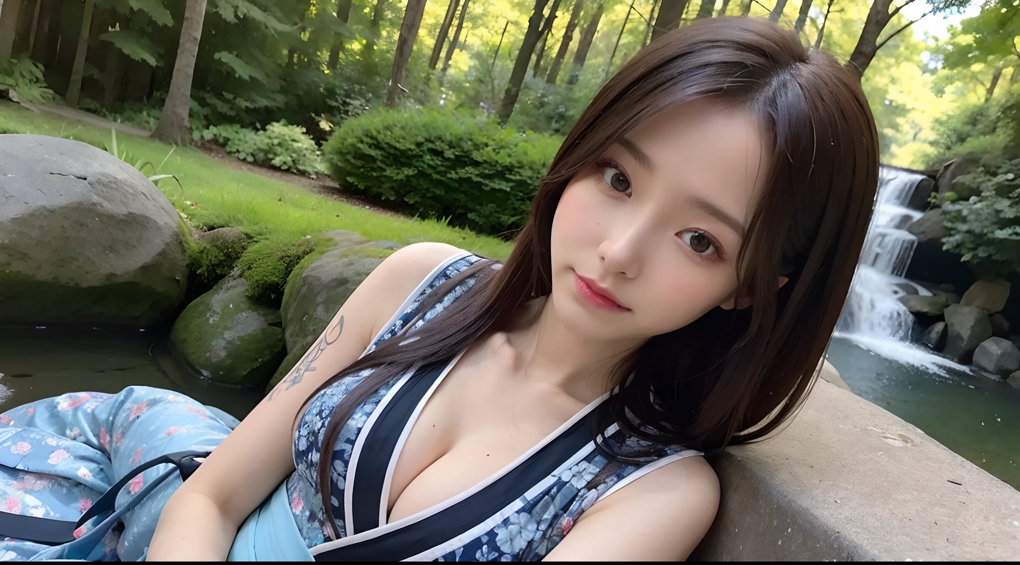 (High-resolution 8K raw photos are realistic,best qualtiy,),One Japan Woman,(traditional Japanese attire，komono),long whitr hair,Skinny and small,beautidful eyes,Super detailed face,Beautiful woman,tight-fitting,Big breasts Thin waist,Bigchest,Teenage uncensored,cute female child,Glowing skin,20yr old,(waterfallr，florals，grassy)，Sharpen,Chiffon,Front light，rays of sunshine，Solo，Perspectiva subjetiva,(中景 the scene is，A half body：1.3),Focus on the face,cleavage,Microlenses，Tattooed with，solo person，Solo,shot from a far distance