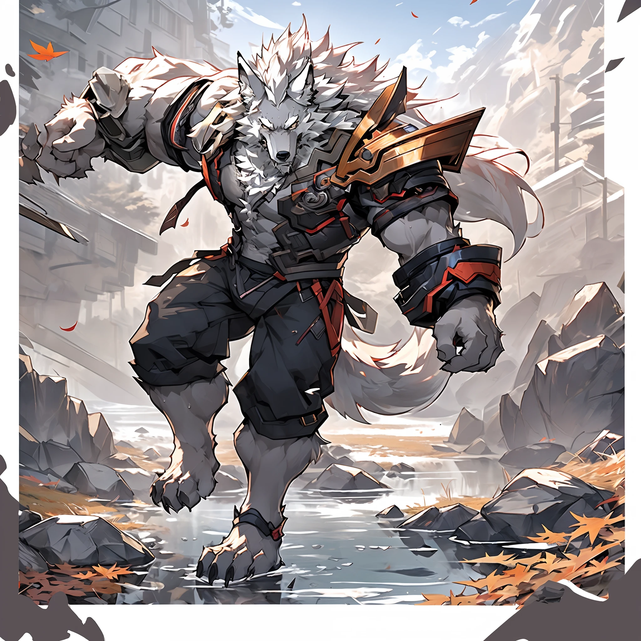masterpiece,best quality,(1boy:1.1),(solo:1.1),muscular male,hi res,8k hd,extreme detail,detailed background,masterpiece,muscular,muscular anthro,(sweat:1.4),aged up,(looking at viewer:1.1),[(white background:1.4), ::2],solo,mid shot,full body,meadow,(Fallen leaves:1.1),grass,(Maple leaf:1.1),(rock:1.1),Stream,(rivers:1.1),fight pose, (langshu:1.3),wolf boy,facial hair,Thick eyebrows,grey body,wolf ears,white hair,long hair,wolf tail,claw,by lindong,by null-ghost,