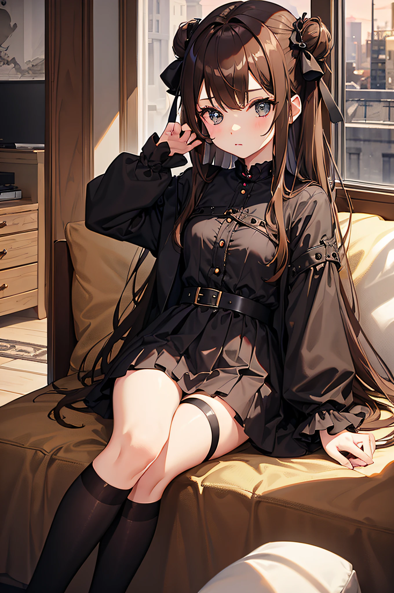 Girl with brown hair sitting on bed、Wearing goth clothes、Luxurious interior、