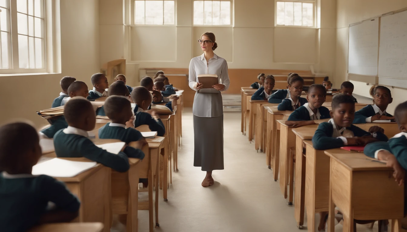 (a young teacher:1.1) wearing a (gray dress,white shirt) against a (hyper-realistic white background:1.2). The teacher has (neatly combed hair) and wears (black-rimmed glasses:1.1) that accentuate his (expressive eyes). His (lips) are slightly parted as he prepares to speak. The teacher's face shows (confidence and enthusiasm:1.1) as he engages with his students. He is (holding a book) in his hands, which he uses to deliver captivating lessons. The classroom is filled with (bright daylight), illuminating the space and highlighting the (vivid colors) on the walls. The blackboard behind the teacher is filled with (detailed mathematical equations) and (educational diagrams). The room is (tidy and organized), with student desks arranged in neat rows. The students are (absorbed in their studies:1.1), attentively listening to the teacher's every word. The atmosphere is filled with a sense of (joyful learning:1.1) and (intellectual curiosity). The realistic portrayal of the scene captures the essence of a vibrant and engaging classroom environment.