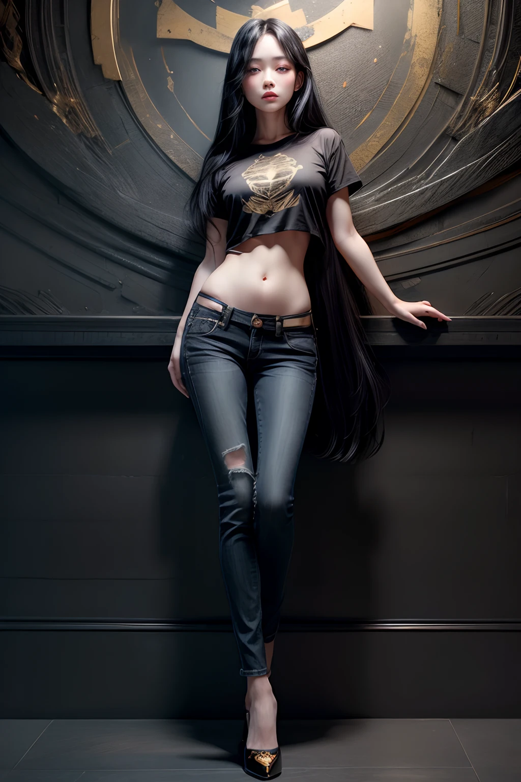 Sexy Beautiful lady, Long Black hair with Blue eyes, Detailed Black and gold mini T-shirt with hotpants jeans, visible belly and navel, best quality, Shy, full body, facing forward, symmetrical pose, wall plain background, authority, high resolution, high quality, 8k,