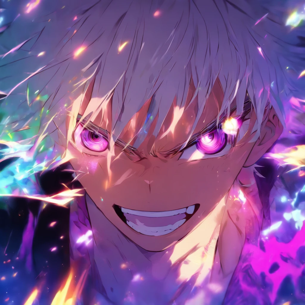 1 boy、A white-haired、purplish white eyes、maniacal grin、short messy hair、Portrait 、handsome 、heterochromia 、hair covering right eye