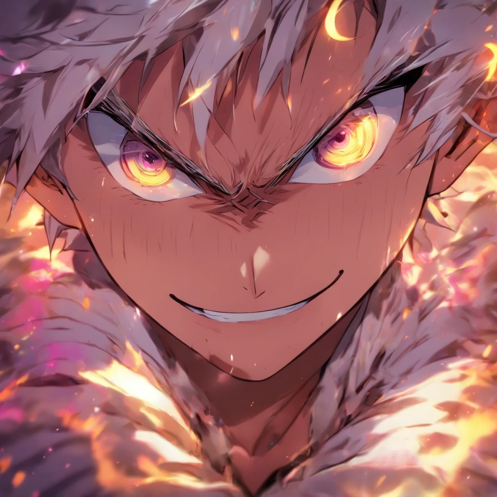 1 boy、A white-haired、purplish white eyes、maniacal grin、short messy hair、Portrait 、handsome 、heterochromia 、hair covering right eye
