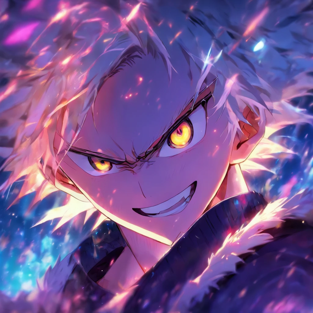 1 boy、A white-haired、purplish white eyes、maniacal grin、short messy hair、Portrait 、handsome 、heterochromia 、hair covering right eye