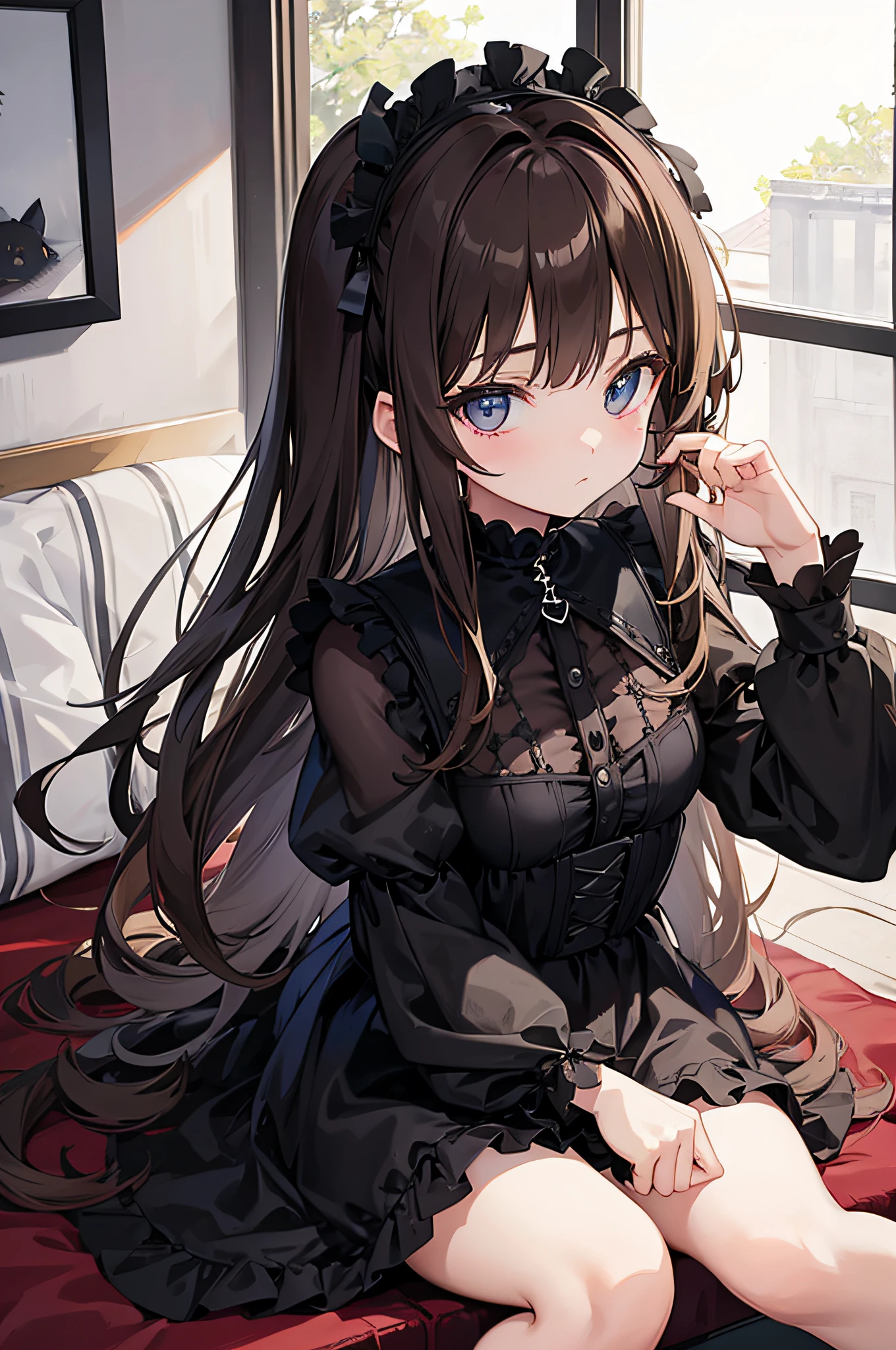 Girl with brown hair sitting on bed、Wearing goth loli clothes、Luxurious interior、