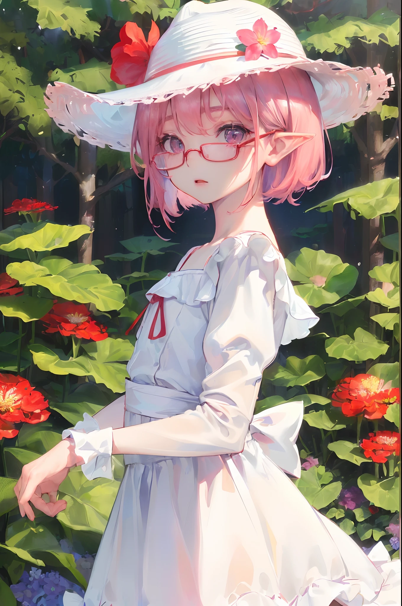 ​masterpiece、top-quality、Ultra Detail、, 1girl in,beautiful  lighting、１girl with、(((6 year old)))、(((elementary student)))、(((A lovely child)))、childish、Small children、A lovely child、Red glasses(((Red glasses)))、little blush、Young Face、Small children、girl with、kawaii、(((White Dress)))、(((a straw fedora hat)))、(((A flower garden)))、(((Sunnyday)))、((((blue open sky)))、Red glasses(((Red glasses)))、little blush、Young Face、Small children、girl with、kawaii、（shiny lip：1.1）、（beautidful eyes：1.1）、Wonderful mouth closed hair、(((short-hair)))、(((bob cuts)))、Platinum Pink Hair、Red glasses、Platinum pink eyes、elf-ears、Well-formed face、flat chest、masutepiece、Best Quality、High resolution、Cowboy Shot、From Side、Pale skin staring at the viewer、Curve、Blunt bangs