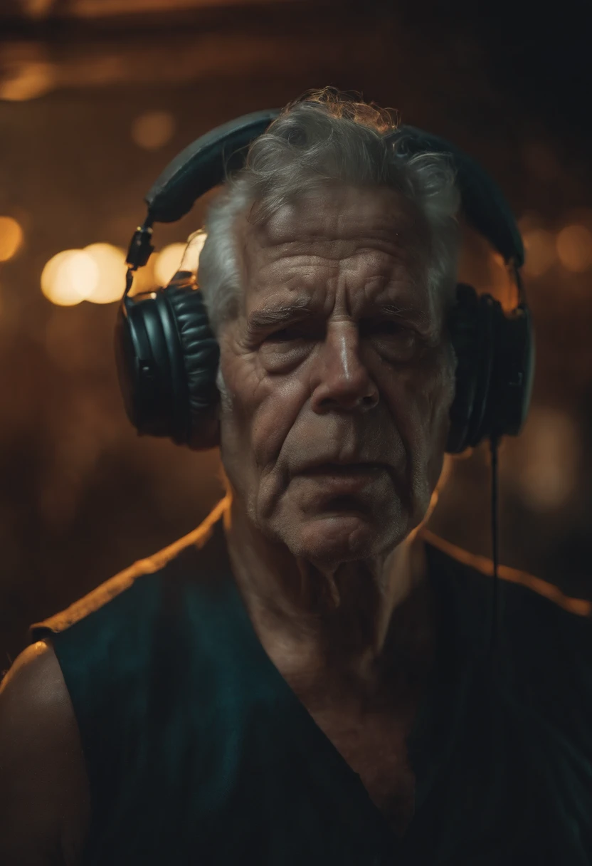 A happy old man listening a music with headphone, wearing punk suit, dancing, bald, fat, neon lights, cyberpunk room, detailed face and eyes, perfect anatomy, natural skin, perfect object, happy moment, ambient lighting, raw photo, ultra detailed, realistic photo, highly texture, full frame photo shot, wide composition angle, masterpiece composition, ultra hd, 8k, depth of field, sharp focus, emitting diodes, smoke, sparks, racks, by pascal blanche rutkowski repin artstation hyperrealism concept of detailed character design, 4 k resolution.