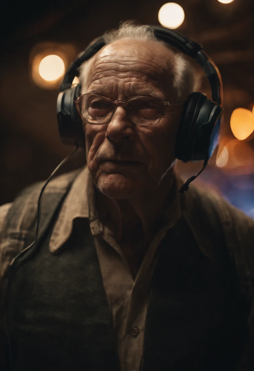 A happy old man listening a music with headphone, wearing punk suit, dancing, bald, fat, neon lights, cyberpunk room, detailed face and eyes, perfect anatomy, natural skin, perfect object, happy moment, ambient lighting, raw photo, ultra detailed, realistic photo, highly texture, full frame photo shot, wide composition angle, masterpiece composition, ultra hd, 8k, depth of field, sharp focus, emitting diodes, smoke, sparks, racks, by pascal blanche rutkowski repin artstation hyperrealism concept of detailed character design, 4 k resolution.