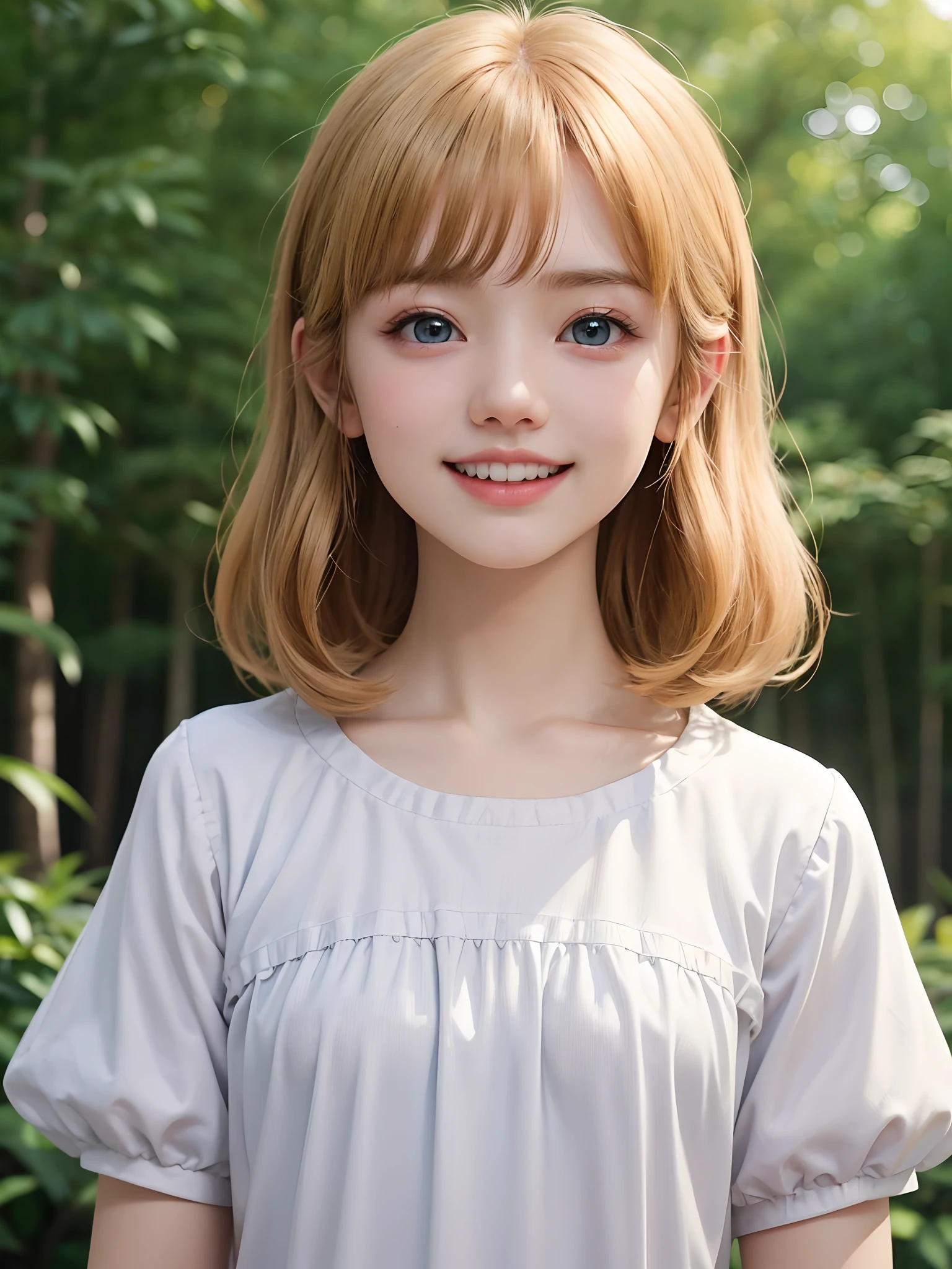 (masuter piece、Best Quality、masutepiece、Cute symmetrical face、Norse man、1 girl、Very young cute girl、Very small cute girl、Deities々Shii Girl)、Beautiful shiny beautiful blonde hair with bangs、Intense crystal light blue eyes、no earrings、Beautiful white skin、8years old、Very young cute girl:1.5、Deities々Little Cute Girl、Cute white outfit、Very cute girl、happily laughing、Smile happily、The best smile、Beautiful teeth、Beautiful teeth alignment、Beautiful skins、Staring into the distance on the left、Forest with light on beautiful nature background、Deities々Deep forest background、cowboy shot
