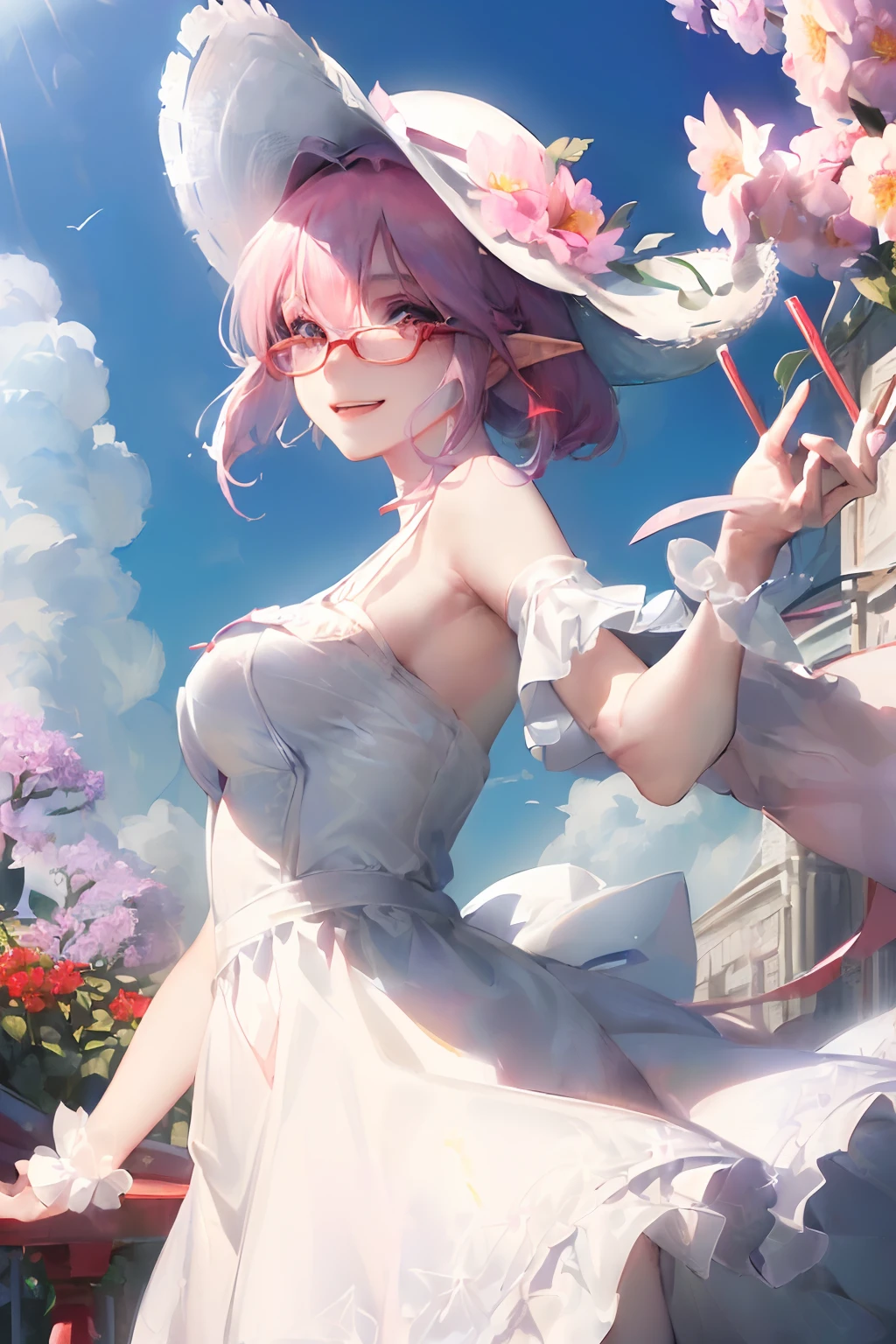 masterpiece、top-quality、Ultra Detail、, 1girl in,beautiful lighting、adult lady、1girl with、(((18 years old)))、(((High school students)))、(((Best Beautiful Girl)))、、(((Colossal tits)))、ren、Beautie、Red glasses(((Red glasses)))、(((A big smile)))、(((Best Smile))、(((White Dress)))、(((a straw fedora hat)))、(((A flower garden)))、(((Sunnyday)))、((((blue open sky)))、little blush、Beautie、(shiny lip:1.1)、(beautidful eyes:1.1)、fantastic hair、short-hair、bob cuts、Platinum Pink Hair、Red glasses、Platinum pink eyes、elf-ears、Well-formed face、large full breasts、A smile、masutepiece、Best Quality、High resolution、Cowboy Shot、From Side、Pale skin staring at the viewer、Curve、Blunt bangs、lightsmile、