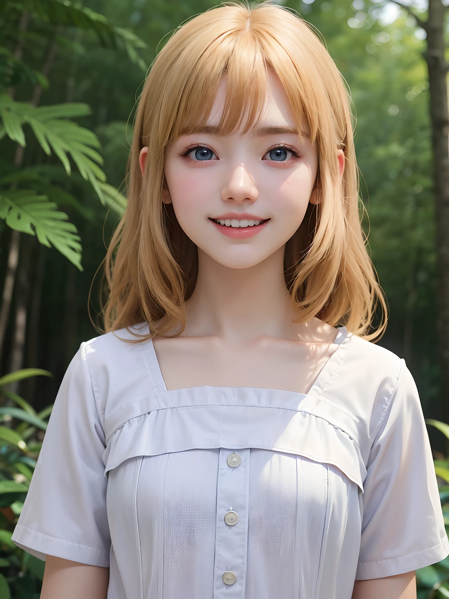 (masuter piece、Best Quality、masutepiece、Cute symmetrical face、Norse man、1 girl、Very young pretty girl、Very young cute girl、Very small cute girl、Deities々Shii Girl)、Beautiful shiny beautiful blonde hair with bangs、Intense crystal light blue eyes、no earrings、Beautiful white skin、5years old、Very young pretty girl:1.5、Deities々Little pretty girl、Cute white outfit、Very cute girl、happily laughing、Smile happily、The best smile、Beautiful teeth、Beautiful teeth alignment、Beautiful skins、Staring into the distance on the left、Forest with light on beautiful nature background、Deities々Deep forest background、cowboy  shot