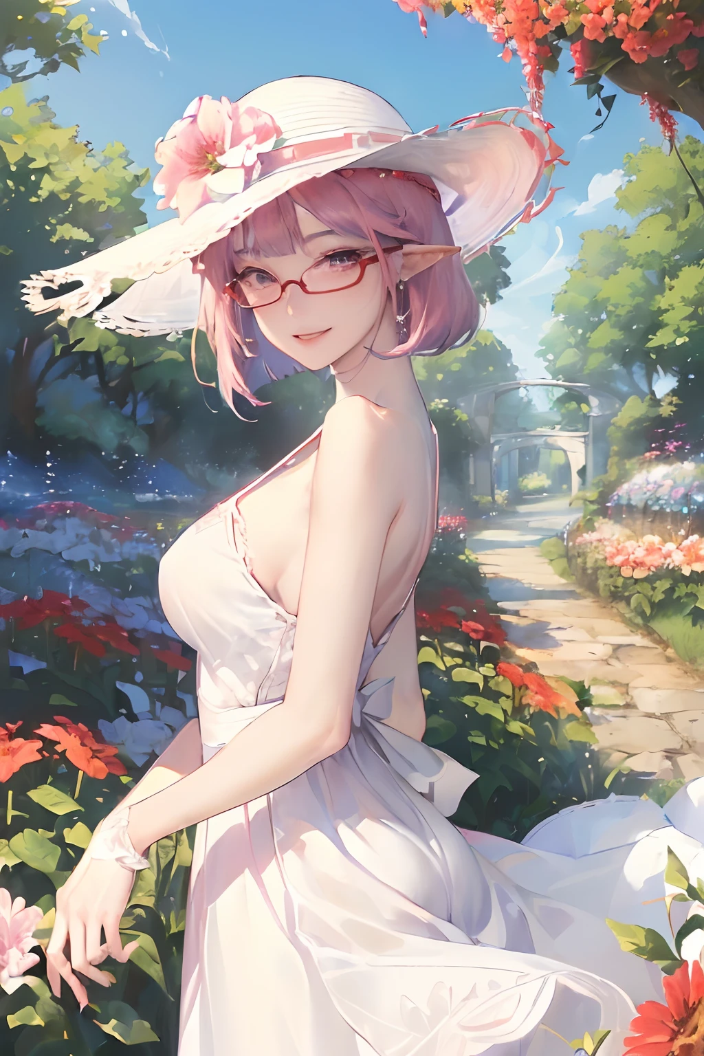 ​masterpiece、top-quality、Ultra Detail、, 1girl in,beautiful  lighting、adult lady、１girl with、(((22 years old)))、(((AS-Adult)))、(((Best Beautiful Girl)))、(((Colossal tits)))、ren、Beautie、Red glasses(((Red glasses)))、(((A big smile)))、(((Best Smile))、(((White Dress)))、(((a straw fedora hat)))、(((A flower garden)))、(((Sunnyday)))、((((blue open sky)))、、little blush、Beautie、（shiny lip：1.1）、（beautidful eyes：1.1）、fantastic hair、short-hair、bob cuts、Platinum Pink Hair、Red glasses、Platinum pink eyes、elf-ears、Well-formed face、large full breasts、A smile、masutepiece、Best Quality、High resolution、Cowboy Shot、From Side、Pale skin staring at the viewer、Curve、Blunt bangs、lightsmile