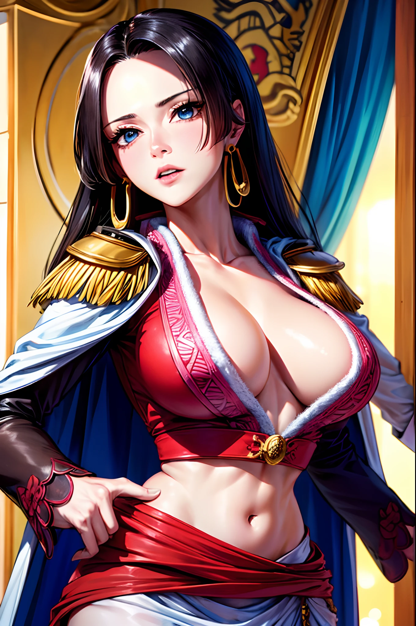 (masterpiece), best quality, expressive eyes, perfect face, 4k, UHD, ultra detailed, clean image, denoise, 1girl, solo, boa hancock, cape, epaulettes, cleavage, jewelry, earrings, midriff, on pirate ship