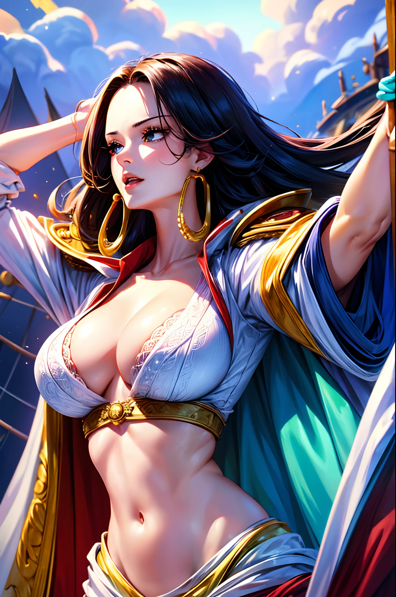 (masterpiece), best quality, expressive eyes, perfect face, 4k, UHD, ultra detailed, clean image, denoise, 1girl, solo, boa hancock, cape, epaulettes, cleavage, jewelry, earrings, midriff, on pirate ship