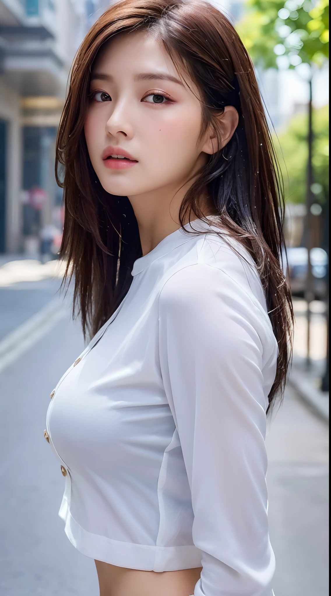 ((Best quality, 8k, Masterpiece :1.3)), Sharp focus :1.2, A pretty woman with perfect figure :1.4, Slender abs :1.2, ((Dark brown hair, Big breasts :1.2)), (White button up long shirt :1.1), City street:1.2, Highly detailed face and skin texture, Detailed eyes, Double eyelid