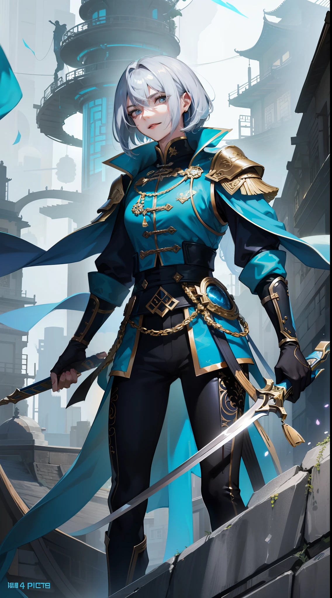 Tall guy, Silver hair in a bob, Cyan eyes, smirk, grace, Beautiful blue Chinese combat jacket, Gold Elements, black tight pants, Chinese Sword, Blue finch, Ling(Mobile Legends), hiquality, 4k, HD, Good detail
