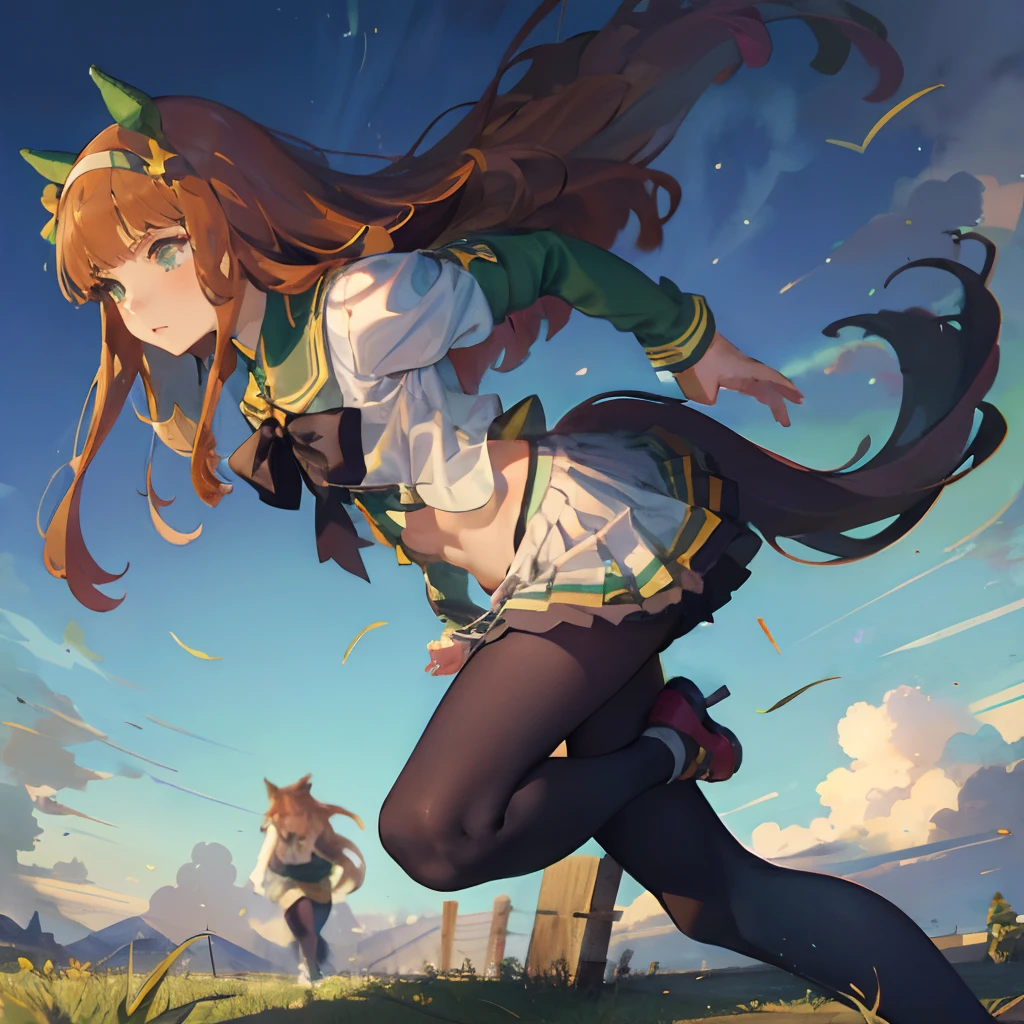 Masterpiece, Best Quality, close up, face shot,
silence suzuka \(umamusume\),, white skirt, pleated skirt, black tights, white bra with patches, black bow, running, Loose grass, heel, Butt view, full length, Srusy
