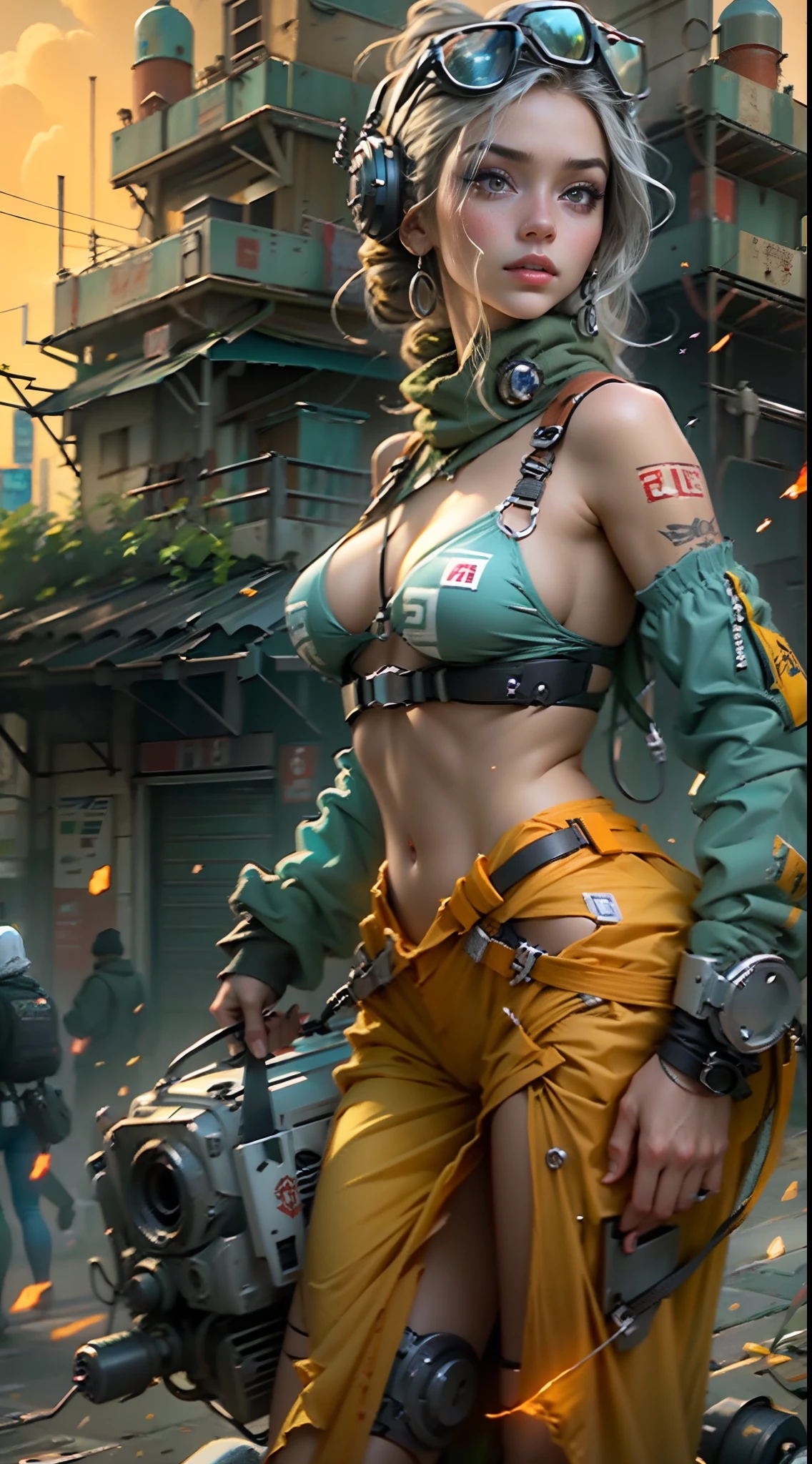 motor irreal:1.4,CG ultra realista 64K, fotorrealista:1.4, textura de la piel:1.4, obra maestra:1.4,posing behind Beautiful russian woman aiming silver rocket launcher with babydoll lingerie、Ropa corta estilo cyberpunk vehicle color amarillo, pantimedias red , Mini falda azul,