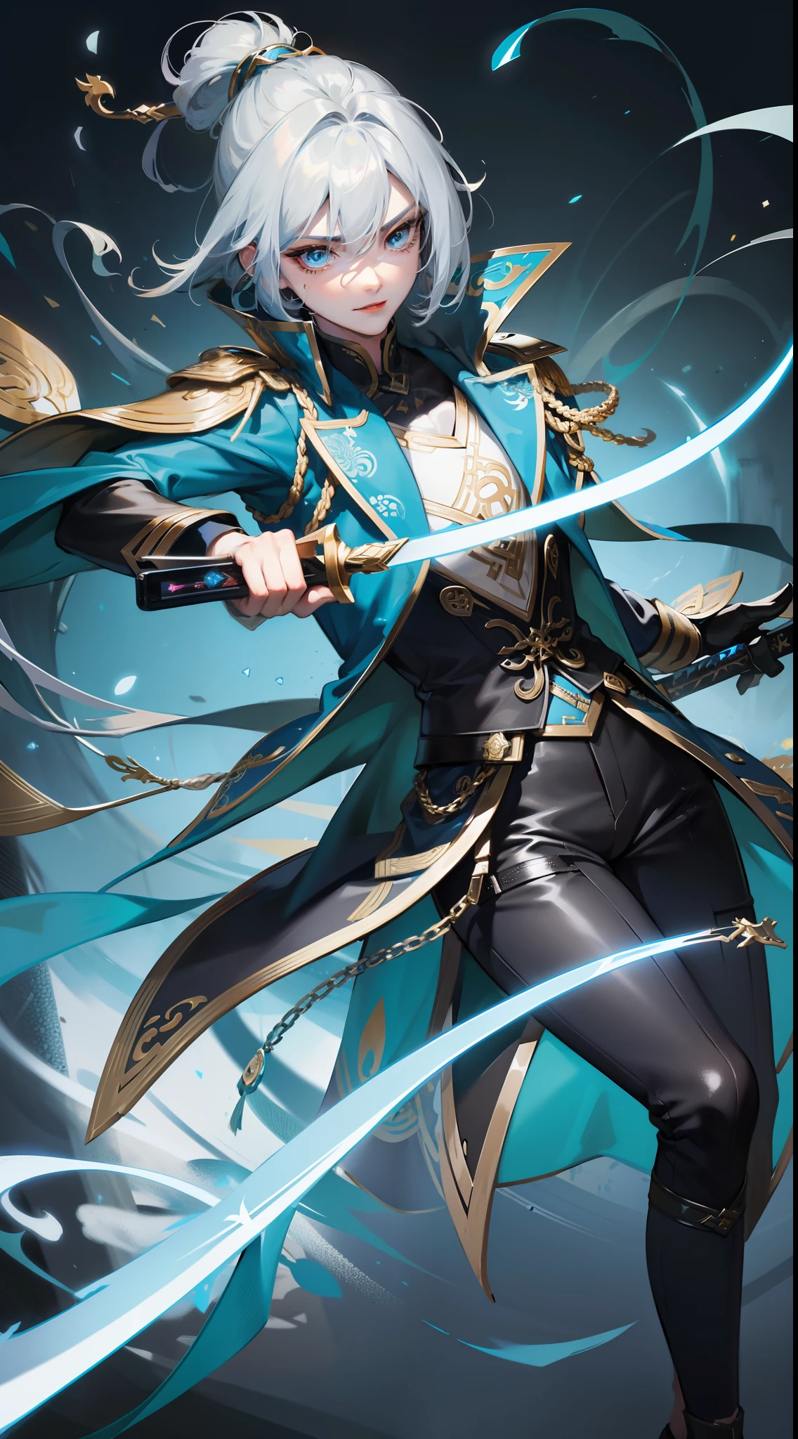 Tall guy, Silver hair in a bob, Cyan eyes, smirk, grace, Beautiful blue Chinese combat jacket, Gold Elements, black tight pants, Chinese Sword, Blue finch, Ling(Mobile Legends), hiquality, 4k, HD, Good detail