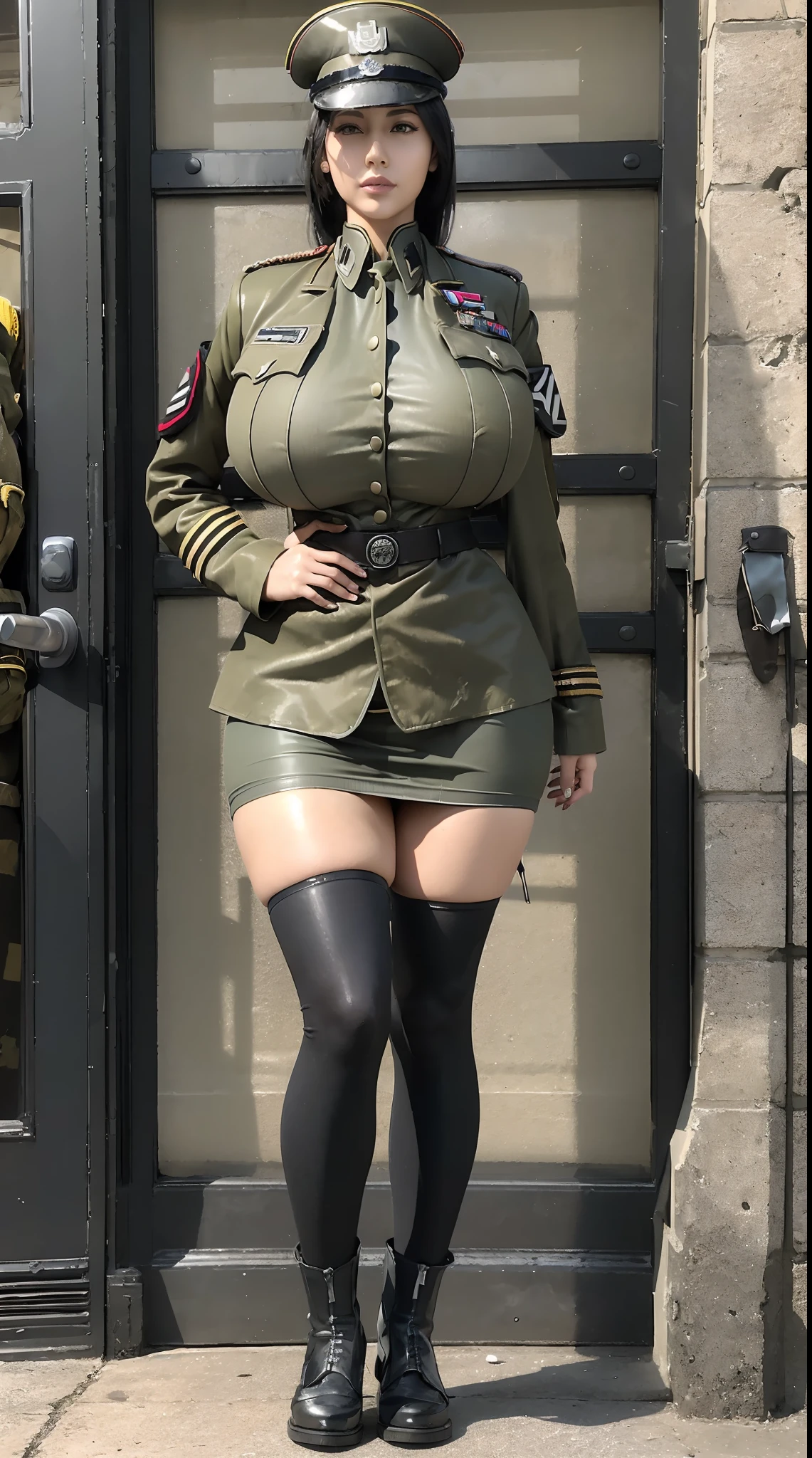 physically-based rendering, 1girl, Female soldier, (huge fake breasts:1.2), (street:1.5), sexy muscular body, slim waist, big buttocks, (Full body:1.3), walking, (skintight army skirt), (military jacket uniform:1.5).