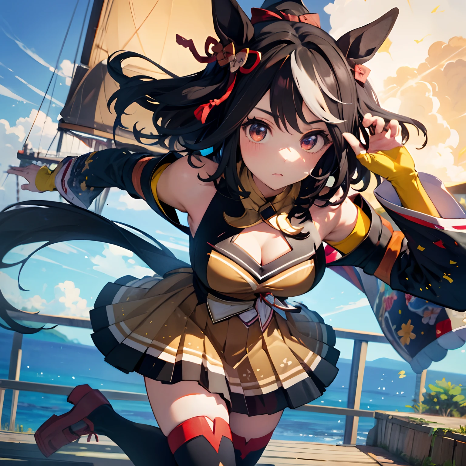 「​masterpiece,top-quality,a closeup,Face Shots,kitasan black_(Umamusume), 1girl in,Animal ears ,Horse ears ,Horse Girl ,Horse tail,masutepiece, Best Quality,Hair Ribbon, Hair Ornament, Fingerless gloves, yellow gloves, Komono, Long sleeves, Wide sleeves, Detached sleeves, Bare shoulders, Clothes Cutout, cleavage cutout, Kohaku ship, Brown skirt, Pleated skirt, zettai ryouiki, black thighhighs, Sandals, red footwear, 」