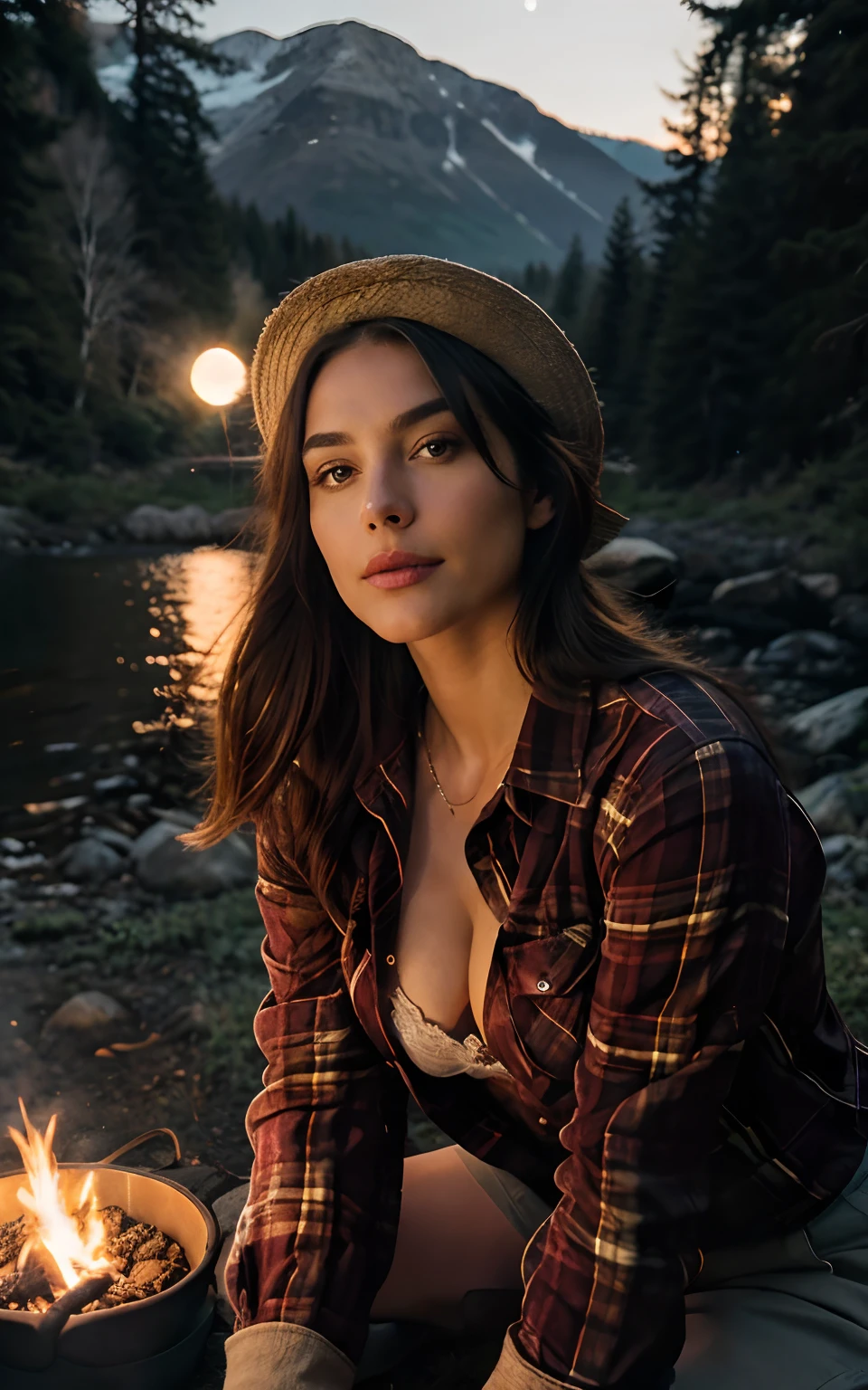 1 woman ((upper body selfie, happy)), masterpiece, best quality, ultra-detailed, solo, outdoor, (night), mountains, nature, (stars, moon) cheerful, happy, backpack, sleeping bag, camping stove, water bottle, country boot, country hat, red plaid shirt long sleeve open, lantern, forest, rocks, river, wood, smoke, shadows, contrast, clear sky, style, (warm hue,  warm tone: 1.2), close-up, cinematic light, side lighting, ultra high resolution, best shadow, RAW, upper body, wearing lingerie, seductive look, small breasts, 4k, open neckline, sexy