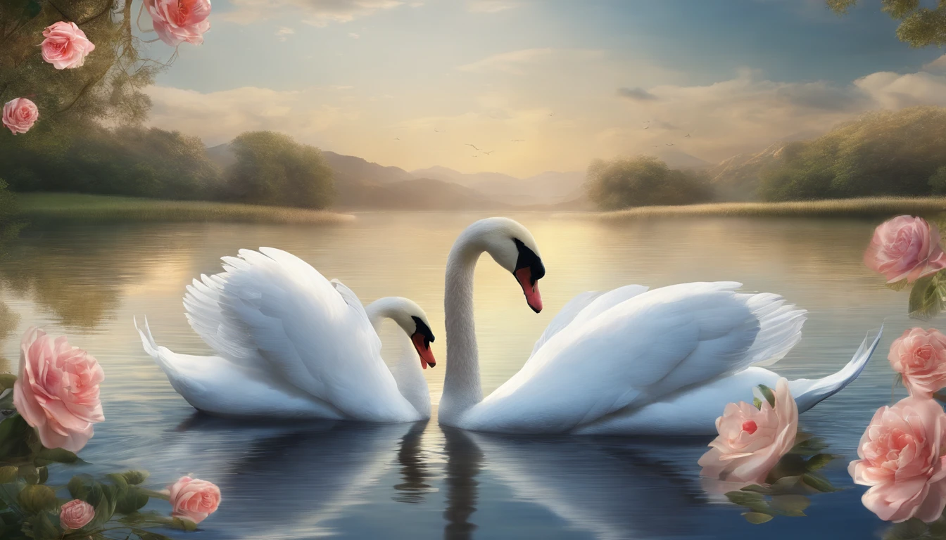 two swans making a heart shape with their necks in the water, swans, dreamy and romantic, beautiful dreamy breathtaking, two swans swimming on the lake, very beautiful photo, swan, beautiful art uhd 4 k, beautiful nature, beautiful art, beautiful wallpaper, peaceful and graceful, beautiful fantasy, extremely beautiful and ethereal, beautiful digital art, beautiful gorgeous digital art