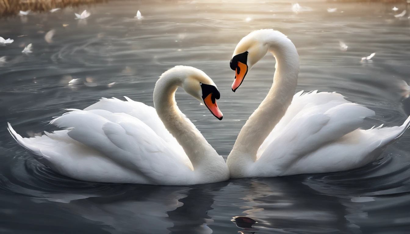 two swans making a heart shape with their necks in the water, swans, dreamy and romantic, beautiful dreamy breathtaking, two swans swimming on the lake, very beautiful photo, swan, beautiful art uhd 4 k, beautiful nature, beautiful art, beautiful wallpaper, peaceful and graceful, beautiful fantasy, extremely beautiful and ethereal, beautiful digital art, beautiful gorgeous digital art