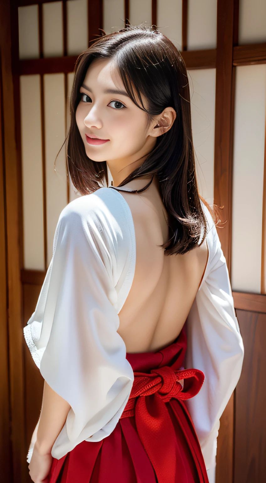 (((32ｋ,high detal,high-detail、​masterpiece,Attention to detail,full body Esbian,独奏))),Raw photo & realistic atmosphere,beautiful dark blue eyes,Detailed mouth,Glossy lips,Detailed eyebrows,Eyes drawn in detail with soft white skin that shines in every detail、Very beautiful eyes with azure eyes,Detailed lips、Very beautiful face,Very well-formed face、Lifelike face,shiny beautiful lips,Beautiful eyebrows,Infinite reality, Realistic Young Gravure Idol,Very cute high school girl, , Young Sensual Gravure Idol, Young Gravure Idol, extremely beautiful and cute１7-year-old pointed samurai beautiful girl,with a flushed face,Incredibly beautiful and classy１7 year old beautiful girl,natural soft light,（Black shiny hair,,bare-legged,Samurai kimono and black hakama,Beautiful kind eyes：1.5）,（youthfulness,Severe wear and tear,Exposed thighs,Thighs protruding from hakama,Gentle smile,well-shaped breasts,,Immature body,Japan samurai Japanese pattern kimono with green base,Japanese style berry shorthair,Hang your hair high and tie it into one,Beautiful posture,posterior view,facing back,no-makeup,woman samurai,woman swordsman,Influence of Shinsengumi,Looking into the distance,Japanese pattern haori,Japanese style hair ornament,cleavage of the breast,Wearing bowl rolls,No bra,Beautiful chest bulge with blue hakama chest：1.6）