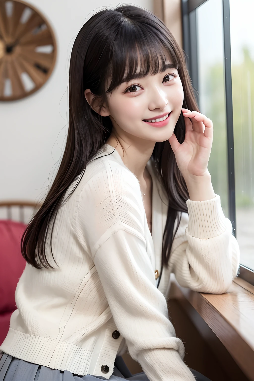Photo Real、photoRealstic、girl1 A dark-haired、Light bangs、poneyTail with round face Laughing expression、Facial expressions to enjoy White cardigan、Gray long skirt Background with、aquariums