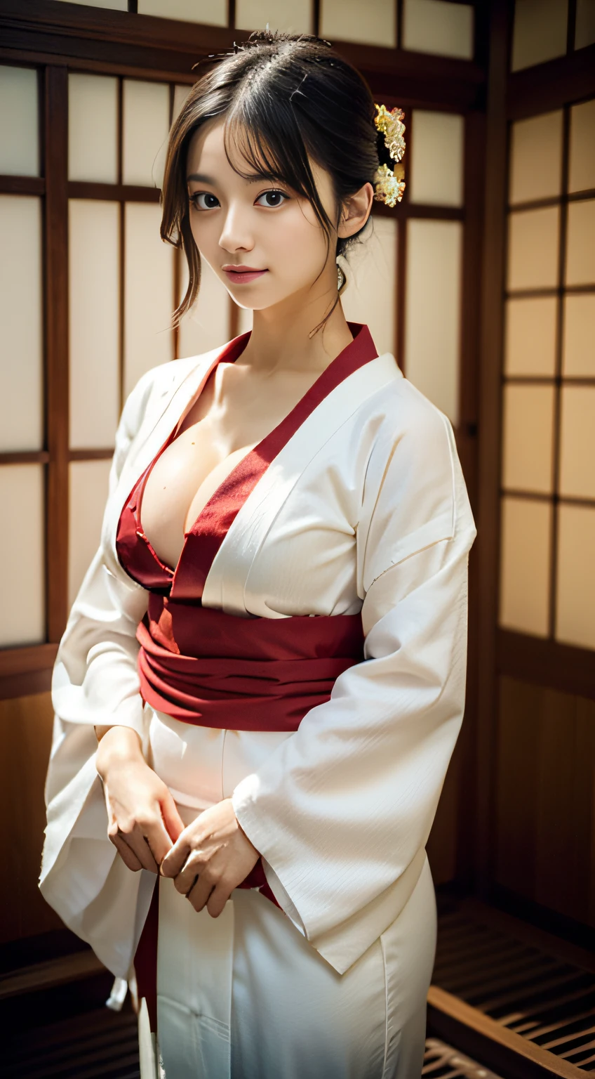 (((32k,high detal,high-detail、masterpiece,Attention to detail,full body Esbian,独奏))),Raw photo & realistic atmosphere,beautiful dark blue eyes,Detailed mouth,Glossy lips,Detailed eyebrows,Eyes drawn in detail with soft white skin that shines in every detail、Very beautiful eyes with azure eyes,Detailed lips、Very beautiful face,Very well-formed face、Lifelike face,shiny beautiful lips,Beautiful eyebrows,Infinite reality, Realistic Young Gravure Idol,Very cute high school girl, , Young Sensual Gravure Idol, Young Gravure Idol, extremely beautiful and cute17-year-old pointed samurai beautiful girl,with a flushed face,Incredibly beautiful and classy17 year old beautiful girl,natural soft light,(Black shiny hair,,bare-legged,Samurai kimono and black hakama,Beautiful kind eyes:1.5),(youthfulness,Severe wear and tear,Exposed thighs,Thighs protruding from hakama,Gentle smile,well-shaped breasts,,Immature body,Japan samurai Japanese pattern kimono with green base,Japanese style berry shorthair,Hang your hair high and tie it into one,Beautiful posture,posterior view,facing back,no-makeup,woman samurai,woman swordsman,Influence of Shinsengumi,Looking into the distance,Japanese pattern haori,Japanese style hair ornament,cleavage of the breast,Wearing bowl rolls,No bra,Beautiful chest bulge with blue hakama chest:1.6)