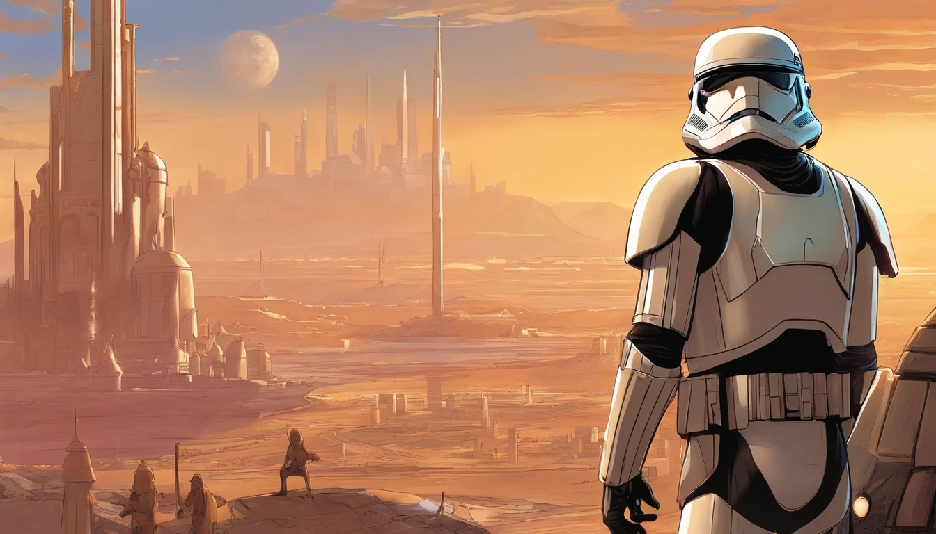 extreme close up portrait, Imperial Stormtrooper, overlooks a busy street, In the hands of the transmitter, The city, Planet Tatooine, concept art by Magalie Villeneuve, trending on cg society, filmstill ""Star Wars"": The Old Republic", concept art by Ralph McQuarrie