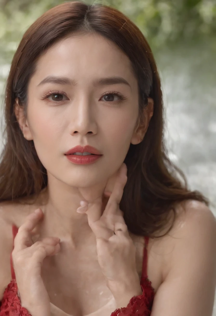Mature woman in hot springs,Stepmother,Bare upper body,Perfect breasts, Soaked transparent clothes, Women's clothing, Soaked transparent clothes,Soaked transparent clothes,Hands hide breasts,White viscous shower gel on the face,Smooth all over,Bare chest,The red mouth opens,Elongation of the tongue,