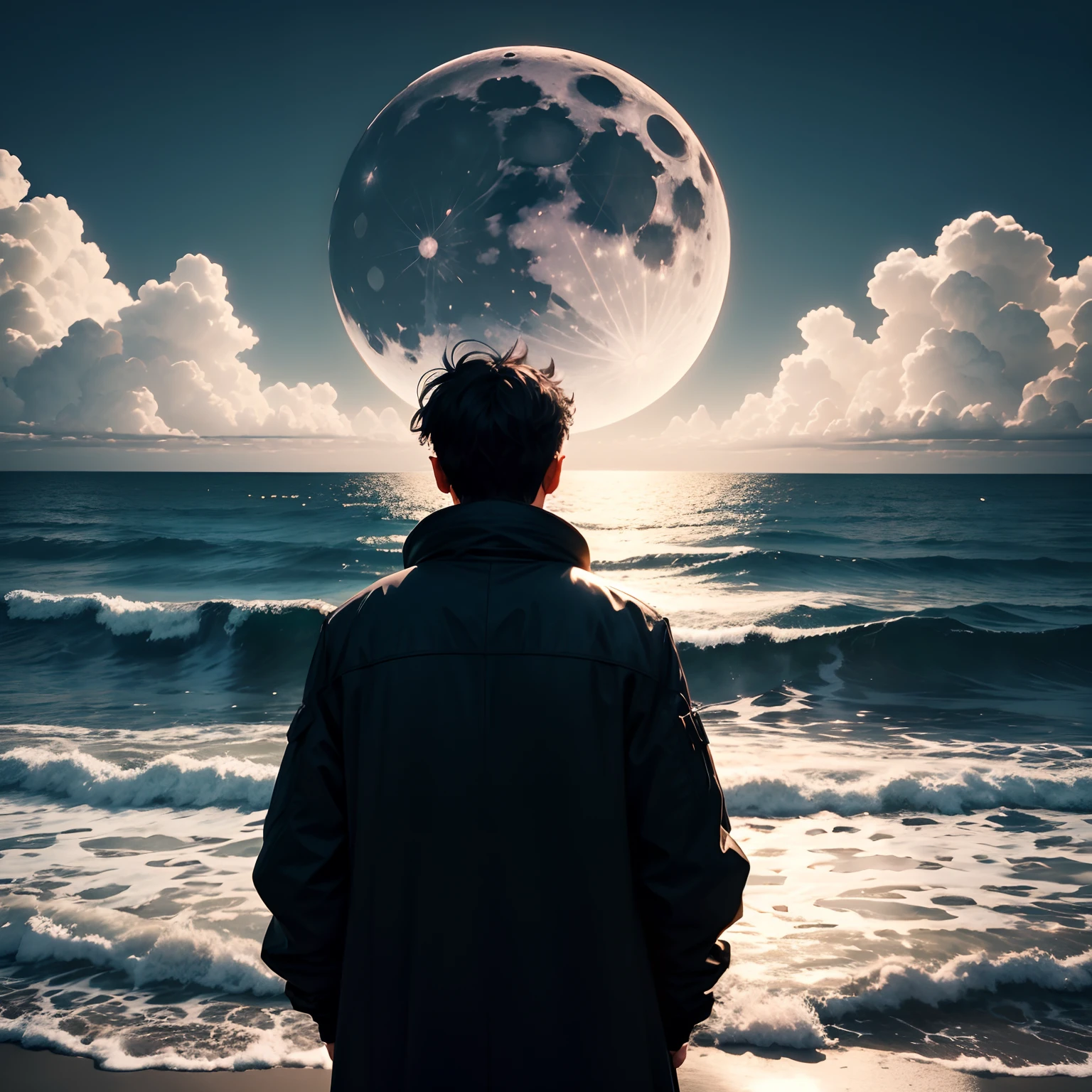 Back shadow,33yo,male people,feeling of solitude,Missing love,full moon,Seaside,Huge Moon,The man looked up at the moon,Wear a coat,The moon is far away