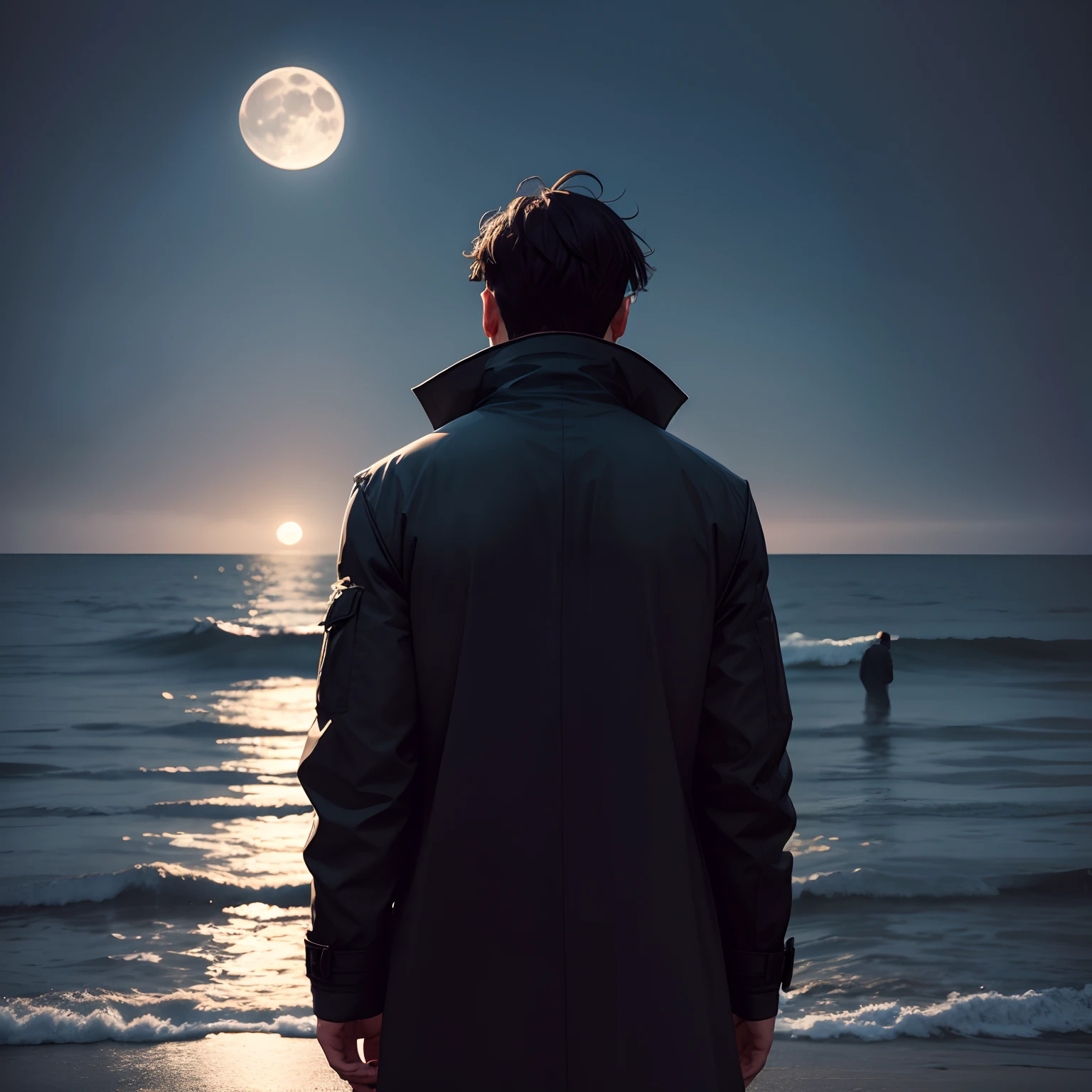 Back shadow,33yo,male people,feeling of solitude,Missing love,full moon,Seaside,Huge Moon,The man looked up at the moon,Wear a coat,The moon is far away